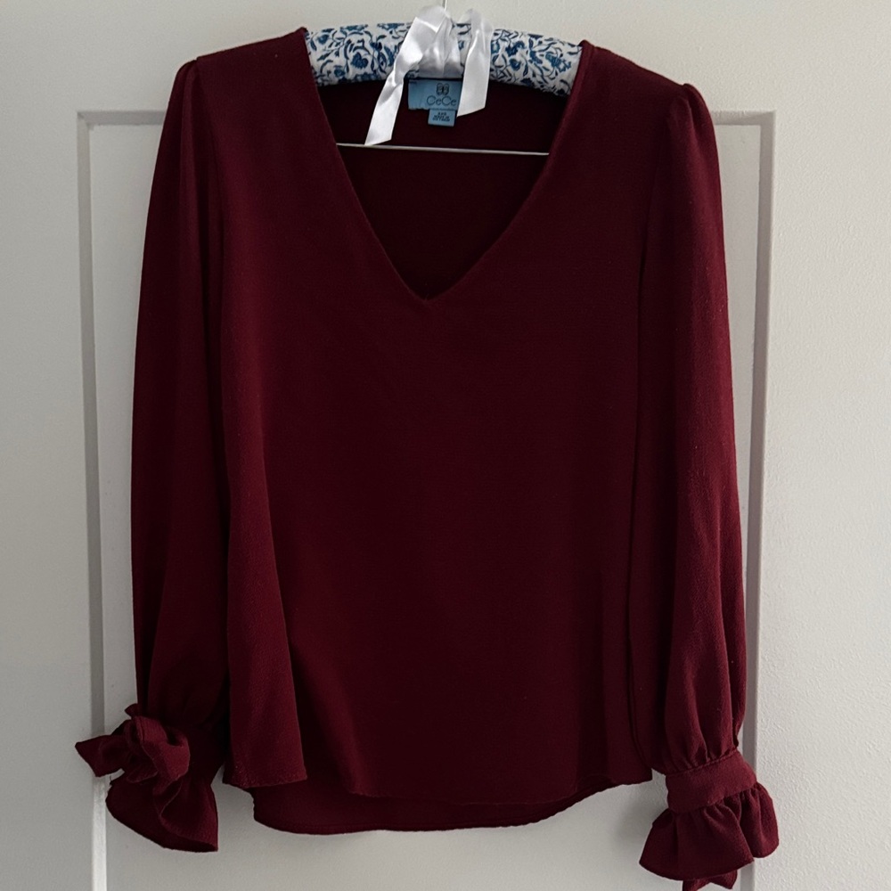 CeCe Burgundy V-Neck Blouse